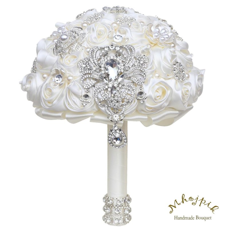 Mhojpik Bridal Wedding Bouquet Round Bling Brooch Bouquet Artificial Rose Flower Bunch for Bride Bridesmaid Wedding Quinceanera(Ivory, 9.8")
