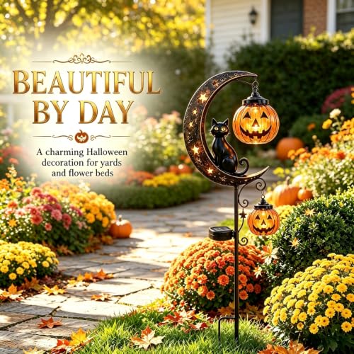 Solar Halloween Black Cat & Pumpkin Moon Outdoor Garden Stake Light