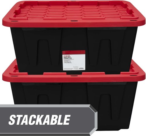 MioeDi 27 Gallon Stackable Plastic Storage Bins - Snap Lid Design, Set of 4, Black/Red