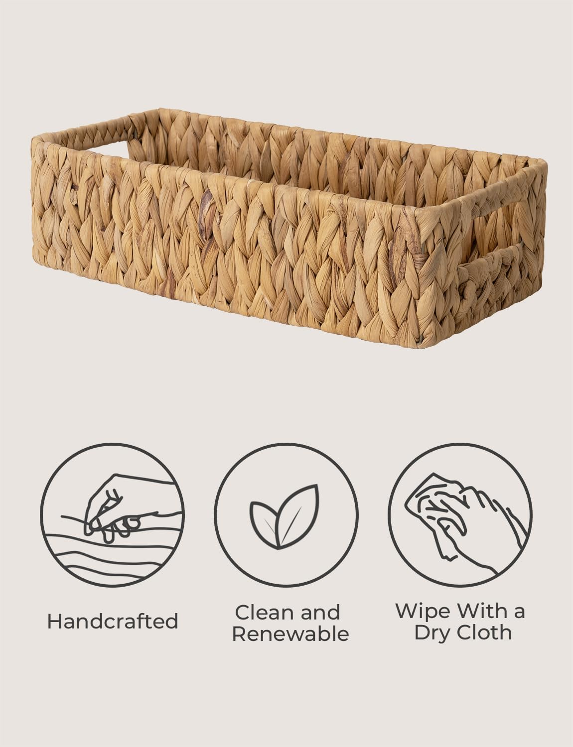 StorageWorks Water Hyacinth Basket - Stylish Wicker Storage Solution with Handles | 14.25"L x 6.5"W x 3.75"H