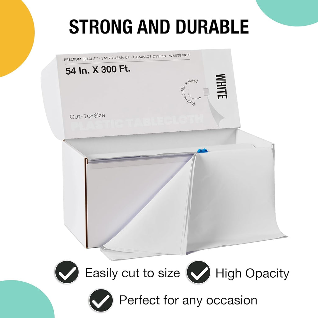 Party Solids | 54-Inch x 300 Feet White Plastic Table Cover Roll - Convenient Cut-to-Size Box with Slide Cutter