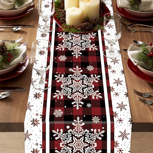 Niviy Snowflakes Christmas Table Runner 13x108 Inches with Buffalo Plaid - Holiday Kitchen Decor