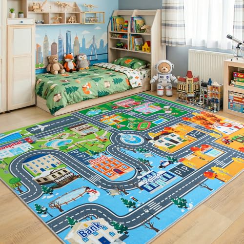 Kids City Road Play Mat - 4' x 5' Non-Slip Washable Toy Car Track Rug