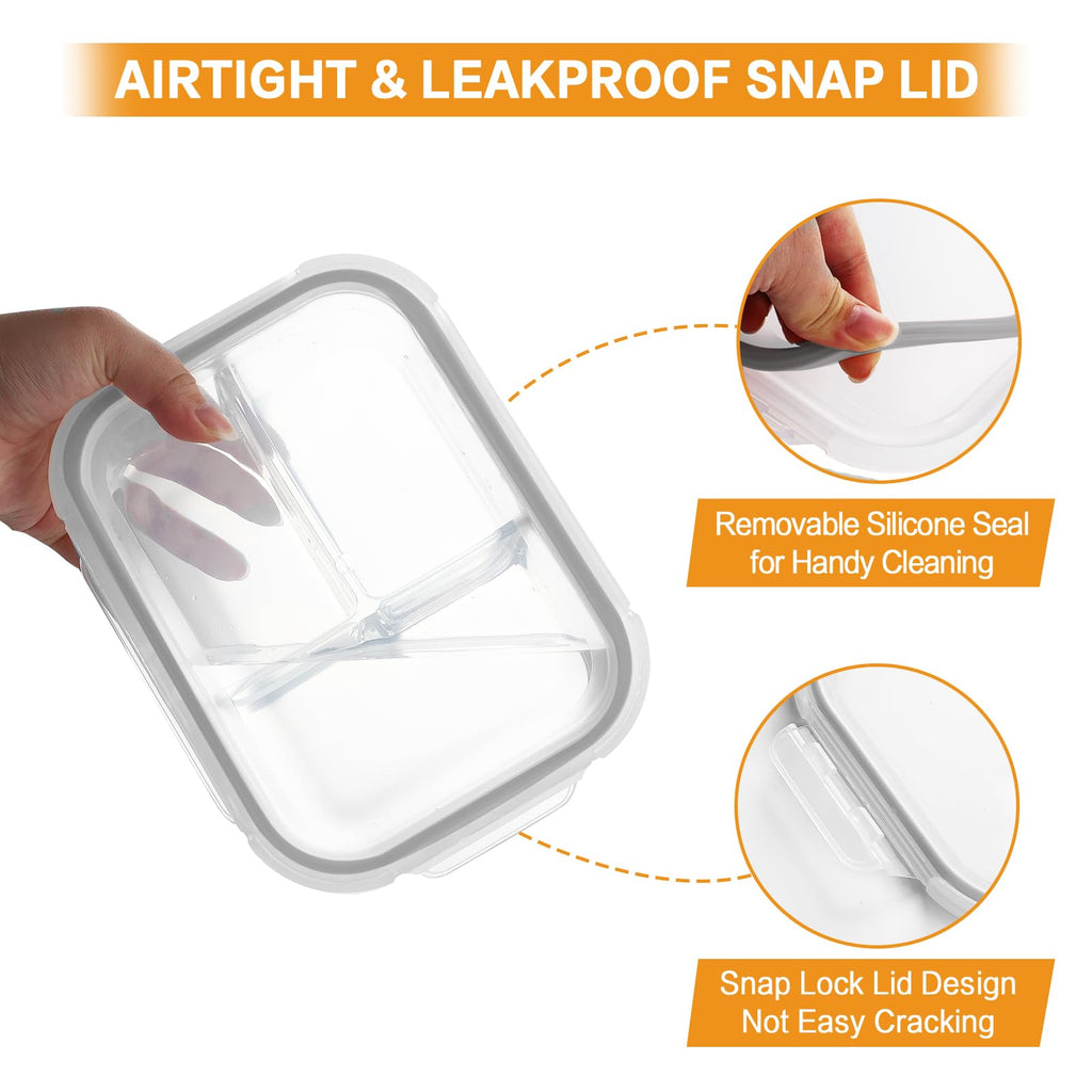 Bayco 9 Pack Glass Meal Prep Containers - 3, 2 & 1 Compartment Glass Food Storage Containers with Lids, Airtight & Leak Proof Lunch Bento Boxes - Grey