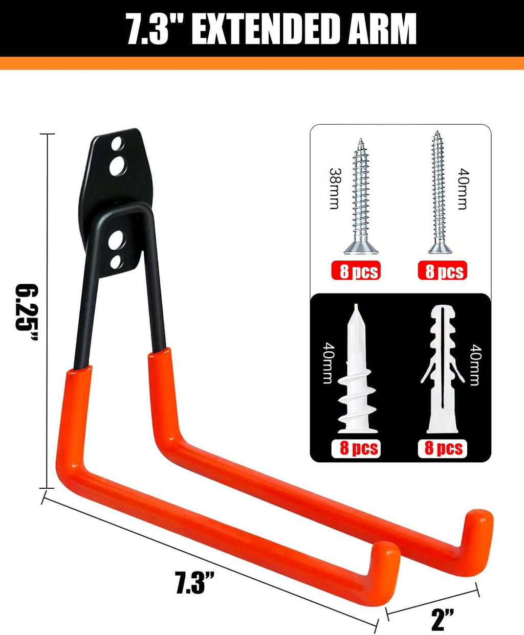 WMK Heavy Duty Garage Hooks - 4 Pack Wall Mount Utility Hooks for Tools, Bikes & Ladders (Orange)