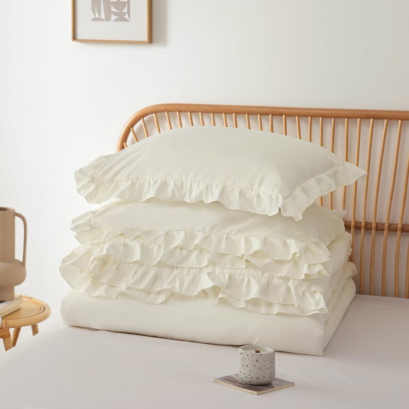 JANZAA Creamy White Comforter Set Queen – Soft Microfiber, Lightweight All Season Bedding, Ruffle Shabby Chic Aesthetic, Breathable Cozy Bed Set with 2 Pillow Shams, Machine Washable