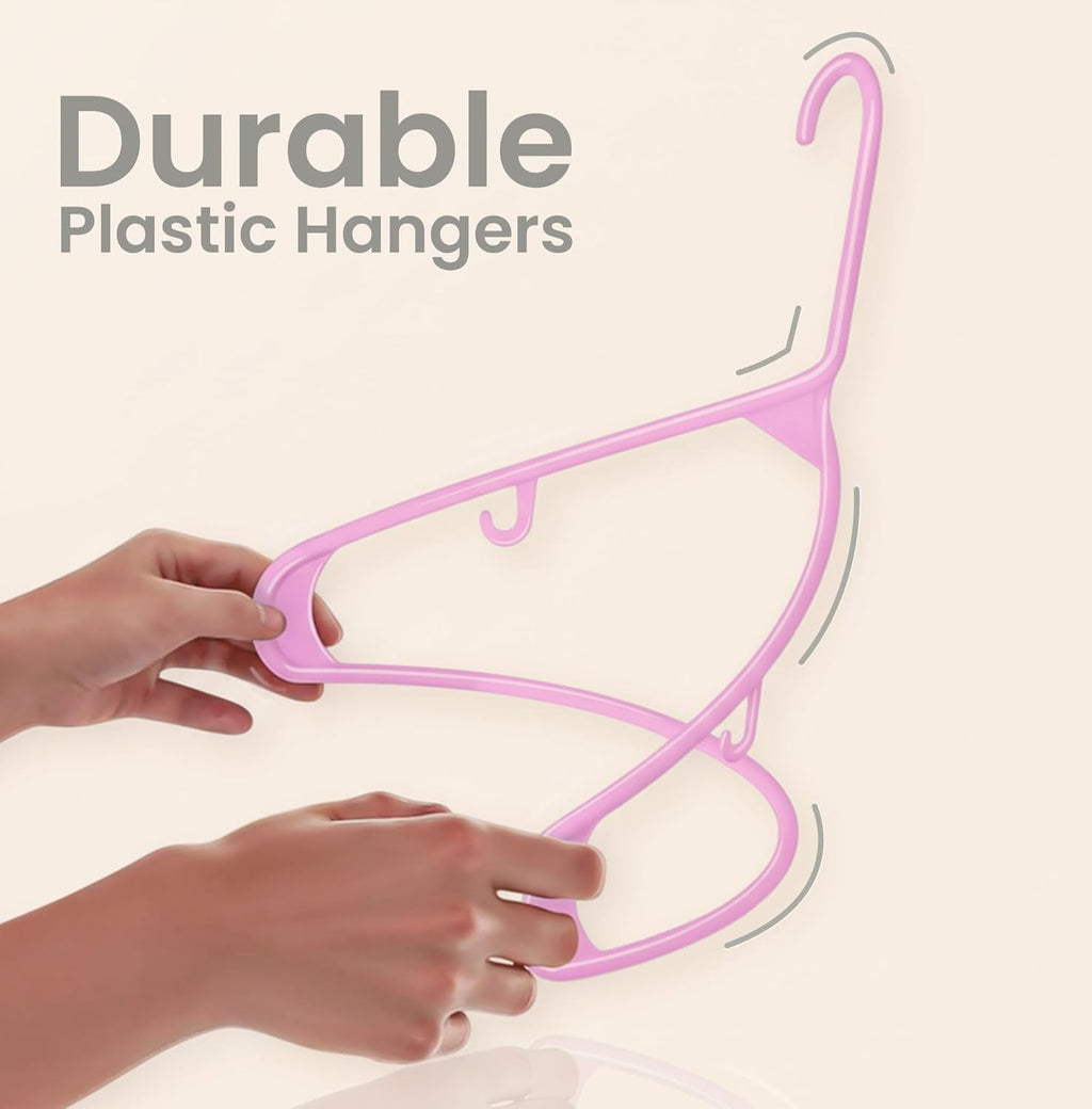 Utopia Home Plastic Hangers 50 Pack - Durable Space-Saving Closet Organizers - Built-In Strap Hooks for Shirts, Pants, Skirts & Coats (Pink)