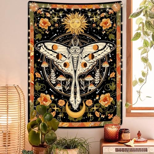 Vintage Orange Moth Tapestry - Boho Floral Mushroom Wall Hanging (30" x 40")