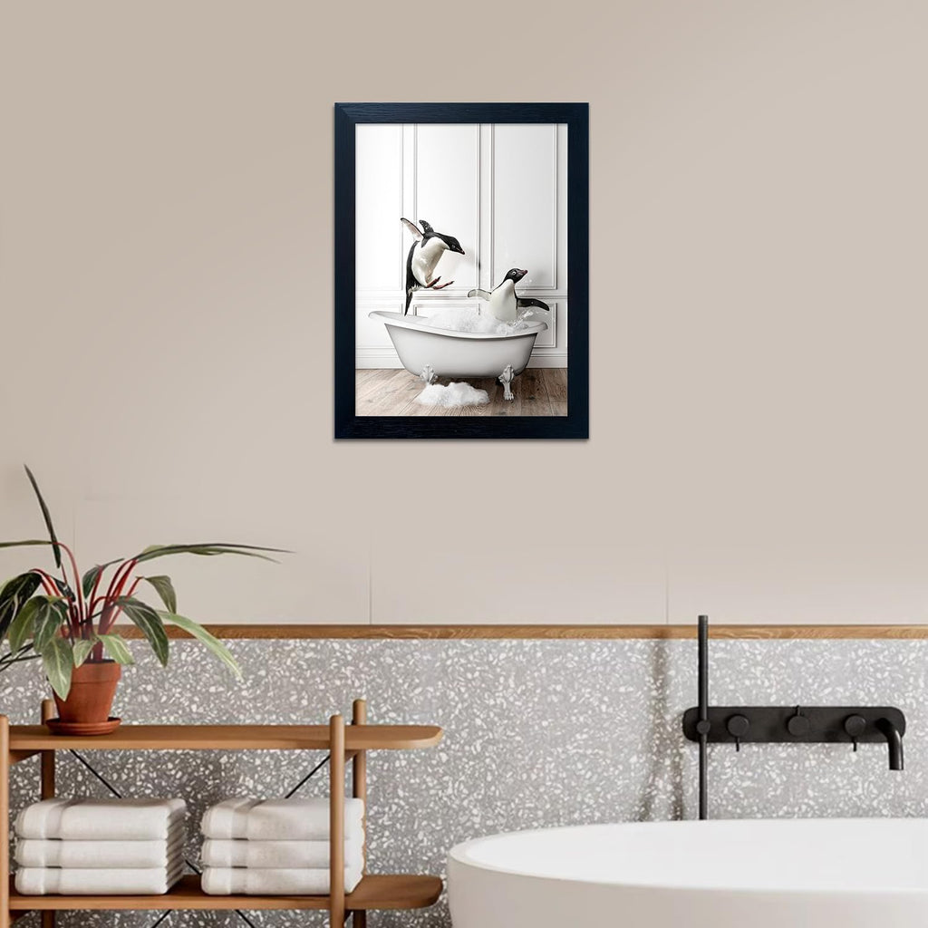Skiennix Kids Bathroom Wall Decor - Cute Penguin Canvas Print | Funny Black and White Art