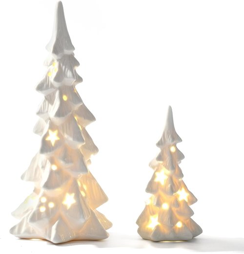 DN DECONATION White Ceramic Christmas Trees - 2Pcs Prelit Tabletop Xmas Tree Figurines with Lights & Cutouts for Neutral Holiday Decor