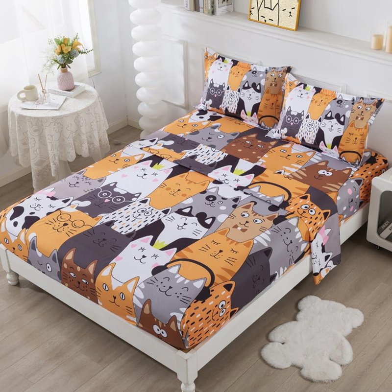 qjmiaofang 4 Pieces Cartoon Cats Bedding Full Size Cat Sheets Gradient Line Animals Kids Girls Boys Bed Sheet with Flat Sheet,Fitted Sheet and Pillowcase All Season Home Decor