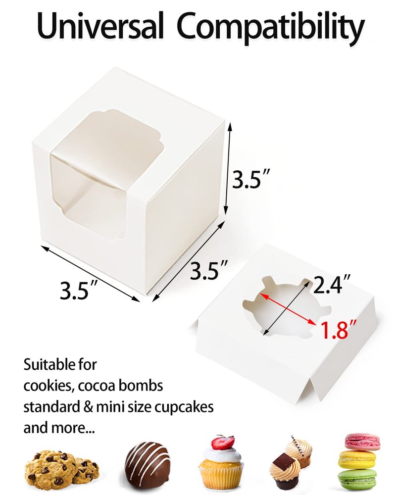 Happyhiram Cupcake Boxes 200 Pcs Bulk white Individual Cupcake Box, Single Cupcake Containers Paper Holders with Inserts and Window for Muffins Cocoa Bombs Packaging Togo Boxes