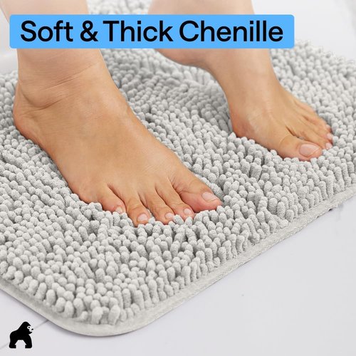 GORILLA GRIP Bath Rug Mat - Soft Absorbent Chenille | Quick-Dry Microfiber, 54x24, Light Gray