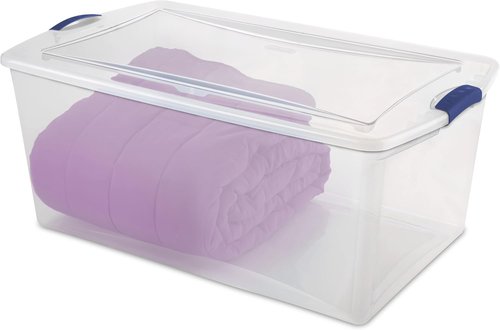 105 Qt. Plastic Storage Bin - Durable Lid, Stackable Clear Tote with Blue Buckles for Easy Organization