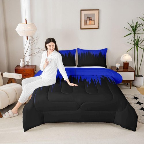 Feelyou Kids Blue Black Comforter Set Full Size Ombre Stripes Bedding Set Set for Boys Teens Decor Abstract Art Comforter Modern Design Duvet Set Bedroom Geometric Quilt Set 3Pcs