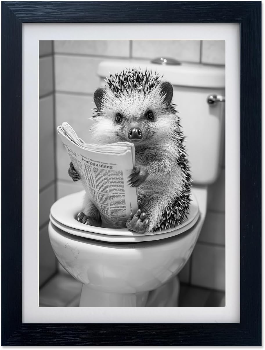 Regine Switzerland Funny Bathroom Wall Decor - Framed Black and White Hedgehog Reading Newspaper