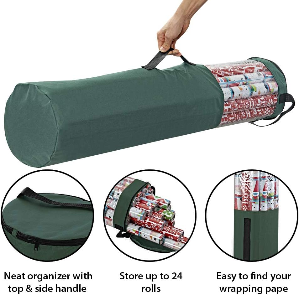ProPik Gift Wrapping Paper Storage Organizer Bag - Heavy Duty 40 Inch, Holds 24 Rolls, Clear PVC with Zippered Top & Handles | Green