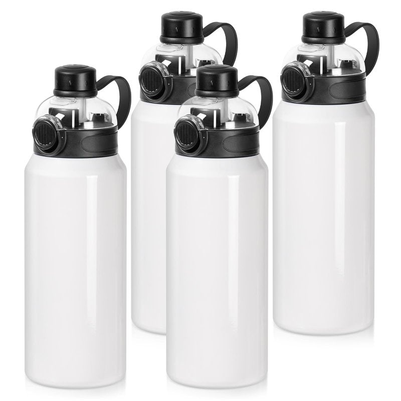 PYD Life 4 Pack Sublimation Sports Water Bottle Blanks 32 OZ 960 ML White Tumblers Cups Vacuum Flask Jug with Straw Spout Pop Lid and Silicone Handle for Sublimation Printing