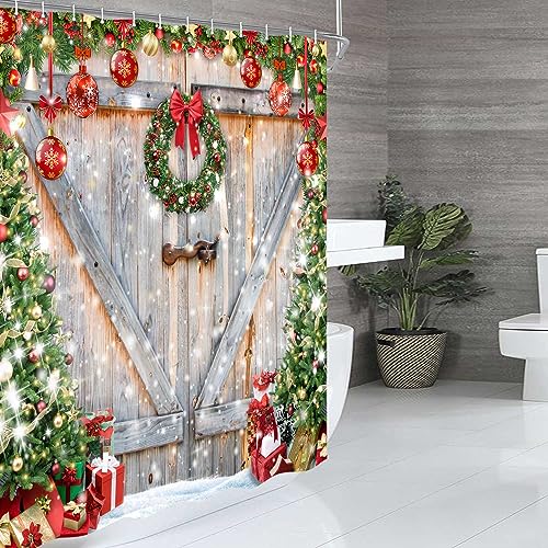 MCKTOM Rustic Farmhouse Christmas Shower Curtain 72x72 in Grey with 12 Hooks