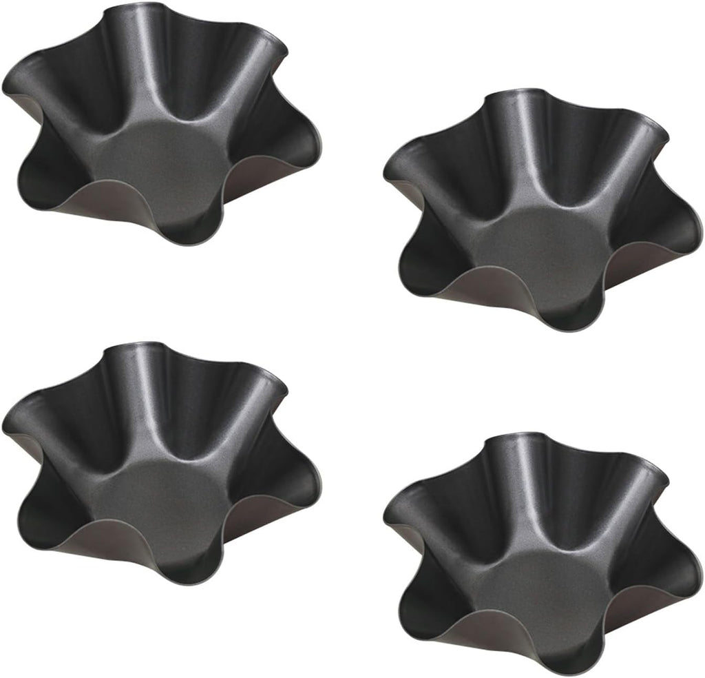 Skiennix Tortilla Pan Set - 4-Piece Non-Stick Carbon Steel Taco Bowl Makers | Black Flower-Shaped Molds (16.5x7.5x6cm)