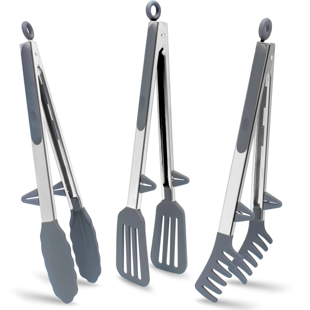 Tongs for Cooking, 12" Kitchen Tongs with Silicone Tips, Food Grade Serving Tongs Set of 3, Grey