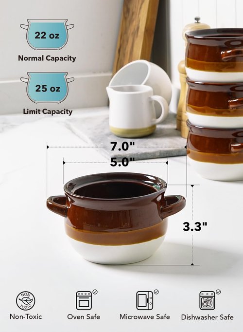 LE TAUCI French Onion Soup Bowls - 22 Ounce Ceramic Crocks with Handles | Oven Safe Set of 4