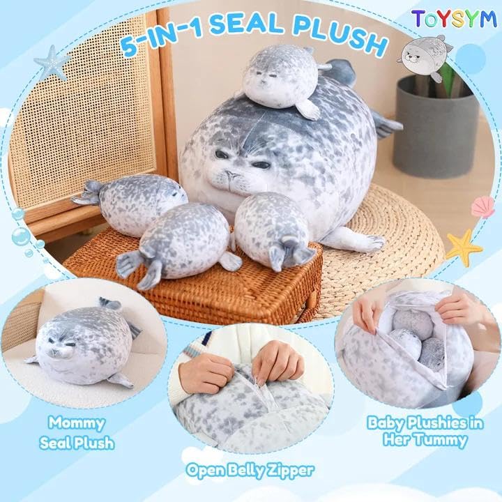 20-inch Chubby Blob Seal Plush Pillow with 4 Removable Baby Seal Toys