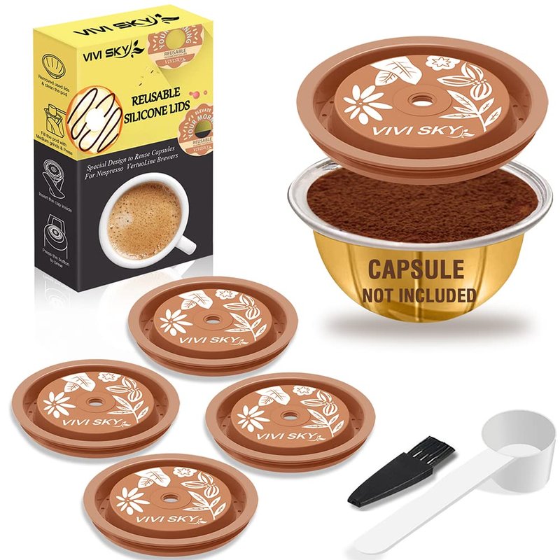 VIVI SKY Reusable Coffee Capsule Lids Work with Nespresso Pods Vertuoline,Food Grade Silicon Caps Used for Every Sizes of Reusable Nespresso Pod Refillable Capsule(Silicon Vertuoline Lids- 5PCS)