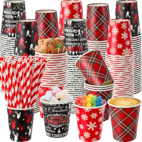FoldTier 240-Count Classic 9 oz Christmas Hot Cocoa Cups with 240 Straws – Includes Festive Designs