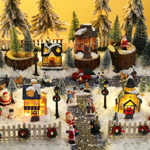 Wettarn Classic Lighted Christmas Village Houses Set - 27 Pcs Holiday Figurines