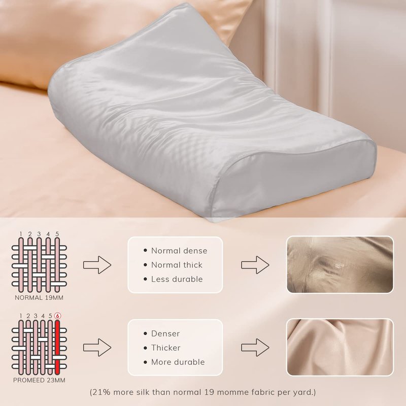 PROMEED Mulberry Silk Pillowcase for Contour Memory Foam Pillow, Natural 23 Momme Silk Latex Pillow Case Cover, Pefect Fit for Royal Therapy Cervical Neck Pillow (Light Grey, Queen-24"x14.5"x5"/4.3")