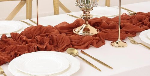 MDS Pack of 12 Cheesecloth Table Runner 35x170 Inch, 14FT Long Gauze Cheese Cloth Table Runner for Wedding Party Birthday Bridal Shower Farmhouse Garden Boho Rustic Table Decoration - Terracotta