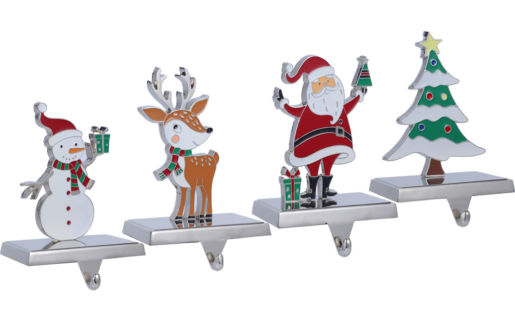 Set of 4 Christmas Stocking Hangers for Mantel，Christmas Tree Reindeer Santa Snowman Stocking Holders for Fireplace-Stocking Hangers for Mantel Xmas Tree Mantel Hooks Hanger (Multi-color 4-Pack)