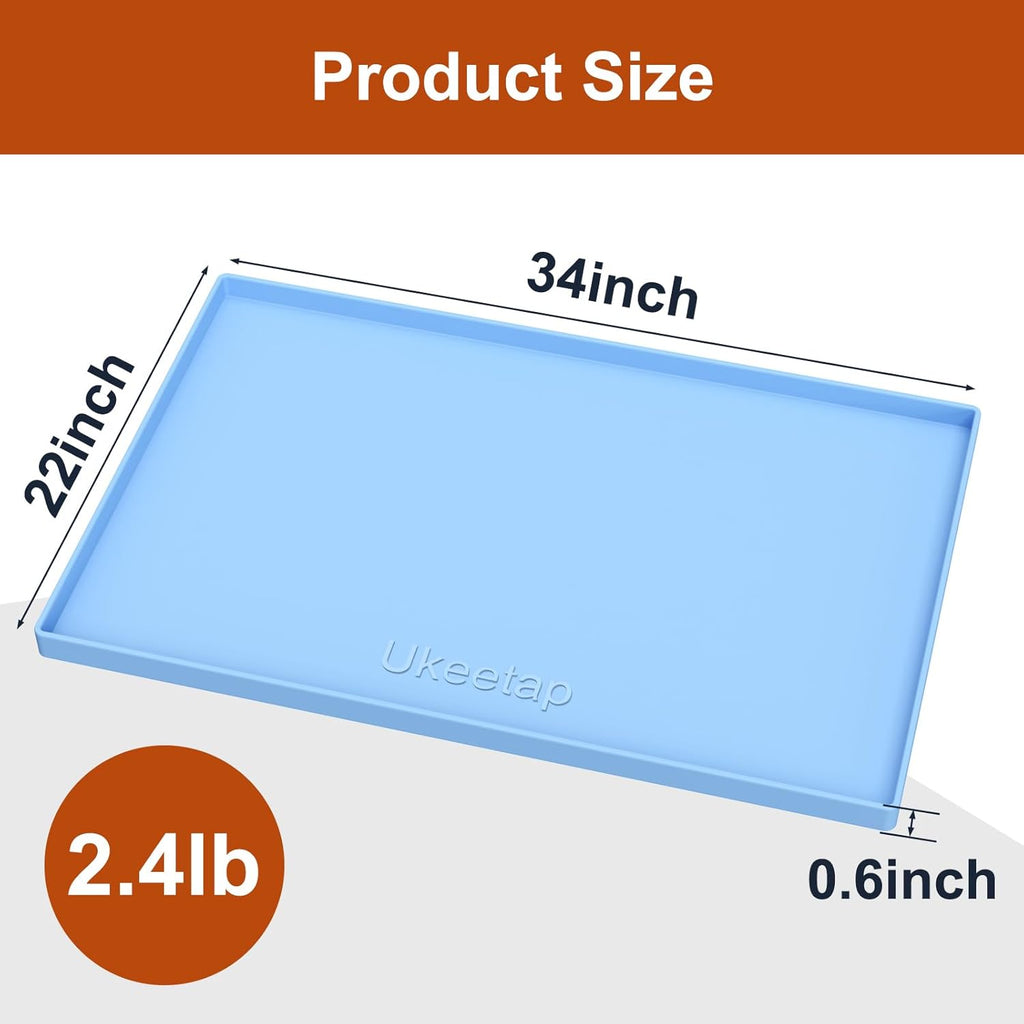 Ukeetap Extra Thick Waterproof Silicone Mat - Raised Edge, 34" x 22" for Kitchen & Bathroom Protection | Blue