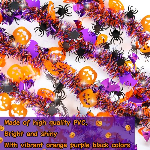 50FT Halloween Metallic Tinsel Garland with Pumpkin Spider Bat Ornaments