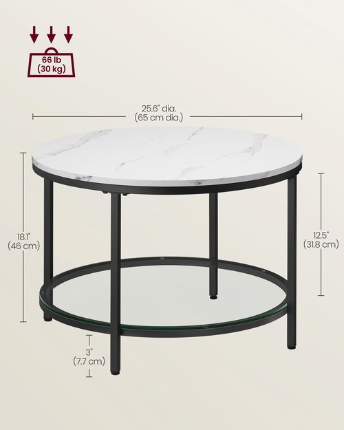 VASAGLE Round Coffee Table, 2-Tier Small Coffee Table with Faux Marble Top and Glass Shelf, Modern Style, for Living Room, 25.6 x 25.6 x 18.1 Inches, Marble White and Ink Black ULCT072W13