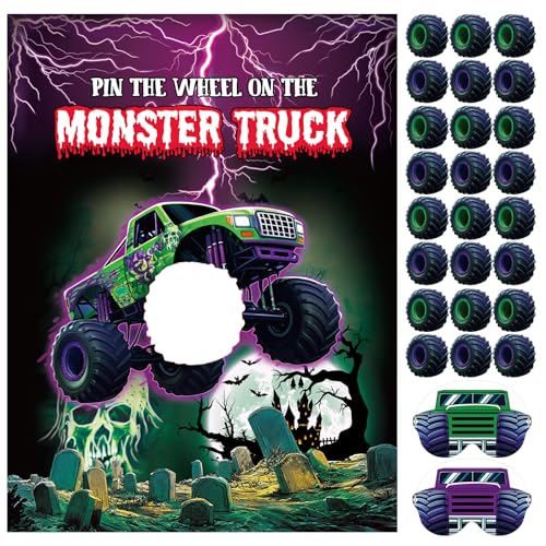Monster Truck Pin the Wheel Birthday Party Game Set with Poster & Stickers