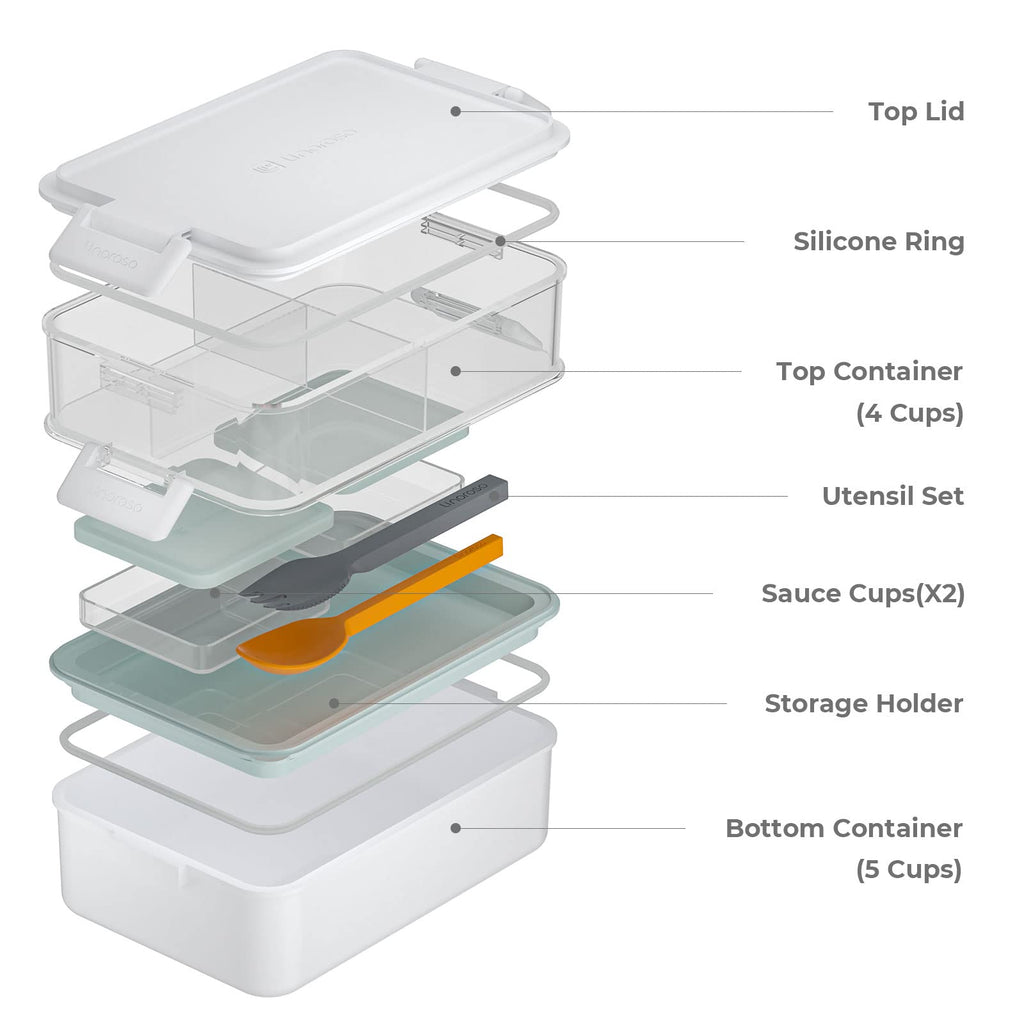 linoroso 2 PCS Stackable Bento Box Adult Lunch Box | Meet All You On-the-Go Needs for Food, Salad and Snack Box, Premium Bento Lunch Box for Adults Include Utensil Set, Dressing Containers