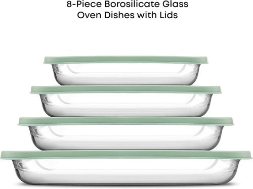 JoyJolt 8-Piece Borosilicate Glass Baking Dish Set - Deep Rectangle Dishes with Sage Green Lids for Casseroles & Lasagna