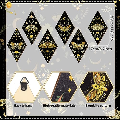 6-Piece Gothic Moth Wall Art Set, Wooden Boho Sun and Moon Hanging Decor