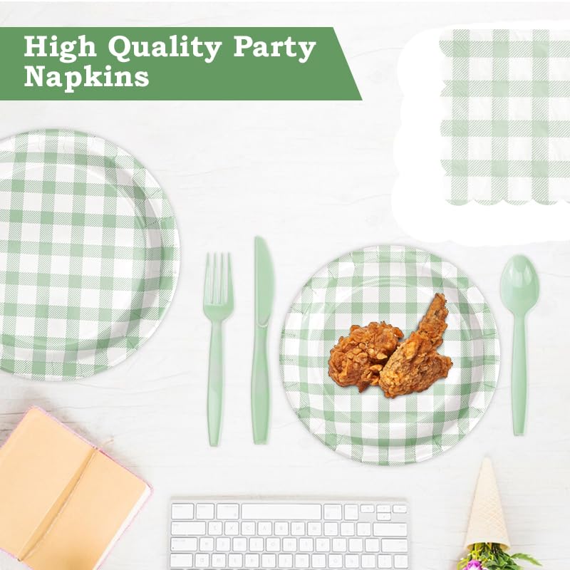 168Pcs Gingham Party Supplies for 24 Guests Thick Paper Plates and Napkins Knives Spoons Forks Cups Disposable Party Set Cutlery for Dinner Baby Shower Wedding Favor(Sage Green)