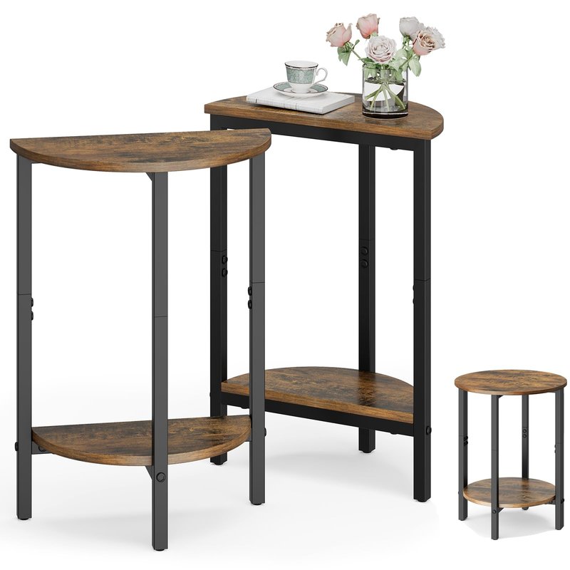 Vagusicc Side Table, Small Round End Table, Set of 2 Half Round Side Table for Living Room, 2 Tier Small Couch Side Tables, Round Coffee Table, Thin Accent Sofa Table Narrow Entryway Table, Brown