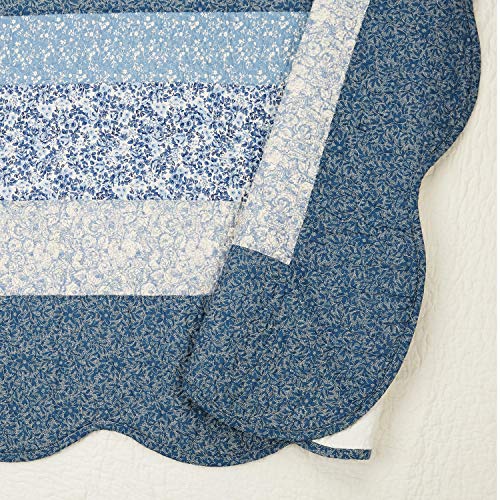 Blue Floral Quilted Bedspread - Lightweight Cotton Queen Bedding