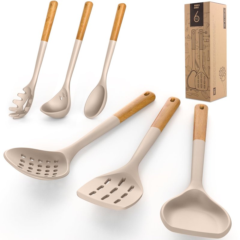 Large Silicone Cooking Utensils Set - Heat Resistant Silicone Kitchen Utensils for Cooking w Wooden Handles, Spatula Set, Kitchen Utensil Gadgets Sets for Non-Stick Cookware, BPA Free (Black)