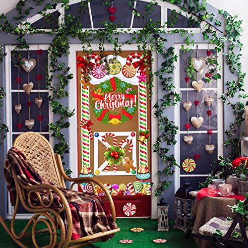 Christmas Gingerbread House Door Cover with Floor Stickers - Holiday Decor, 67x33 inches