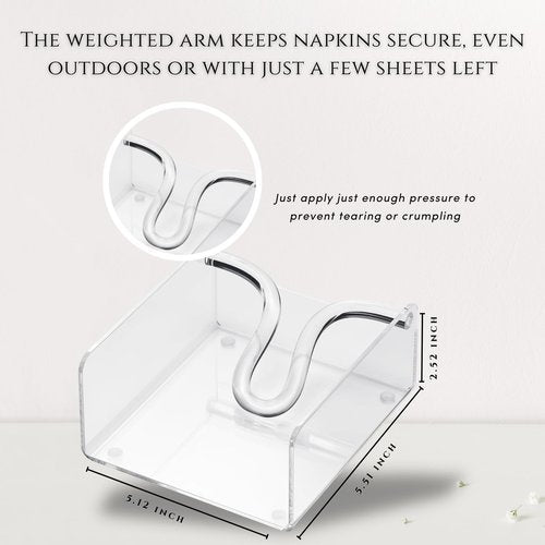 Clear Acrylic Square Cocktail Napkin Holder (5.1"x5.5"), Unbreakable Plastic Napkin Dispenser with Weighted Arm and Non-Slip Pads, Kitchen, Dining Table, Bathroom Vanity, Shatterproof BPA-free