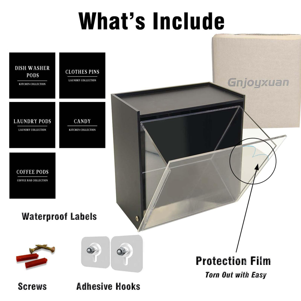 Gnjoyxuan Laundry Pods Container, Acrylic Wall Mounted Organizer with Extra Labels, Candy Dispenser Coffee Pod Holder Dishwasher Pods Case for Home,Kitchen, Office, Black
