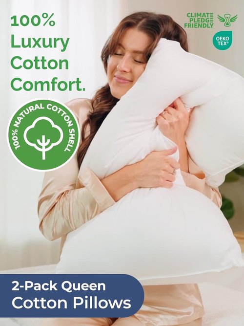 100% Cotton Bed Pillows - Soft Down Alternative for Back & Stomach Sleepers | Queen Size Set of 2, 20" x 36" (White)