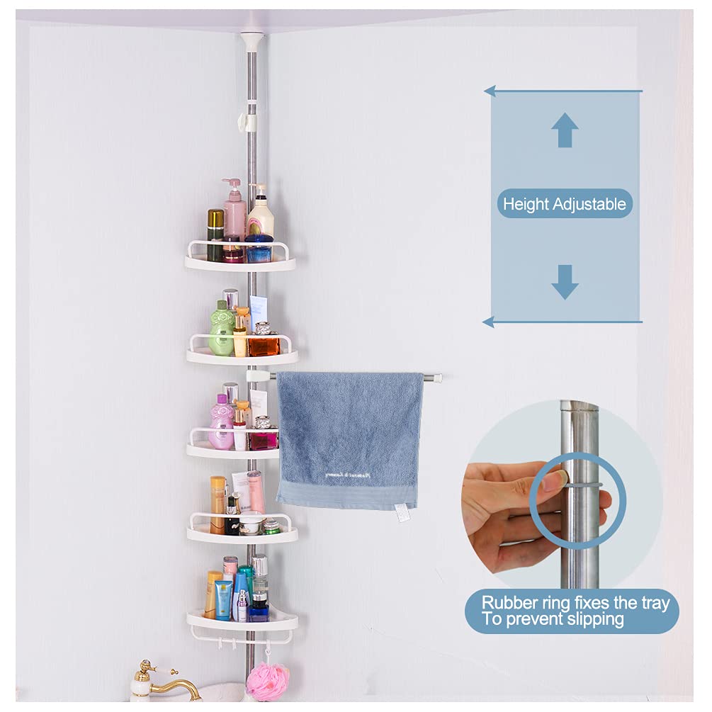 BAOYOUNI 5-Tier Shower Corner Caddy Tension Pole Rod Bathroom Shelf Organizer Adjustable Storage Rack Stand Shampoo Soap Holder with Towel Bar, Ivory