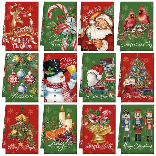VitalCozy Exquisite Style 12-Pack Christmas Dish Towels Red & Green Winter Kitchen Decor